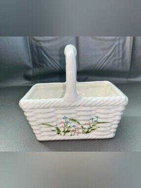 Vintage Ceramic White Spring Basket Planter With Pink Flowers Handle ARDCO